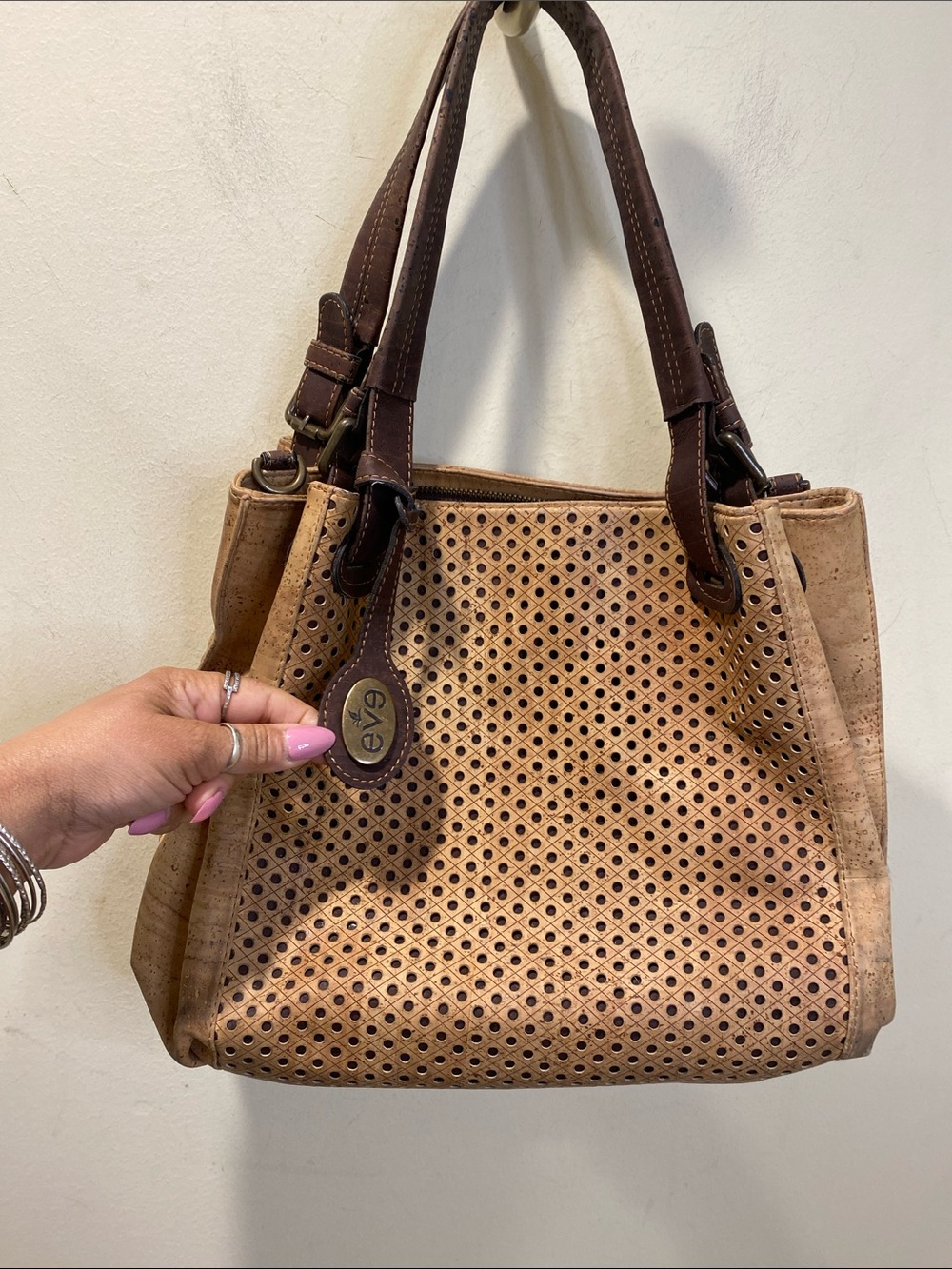 EVE Perforated Natural  Cork Tote Bag in Natural Brown